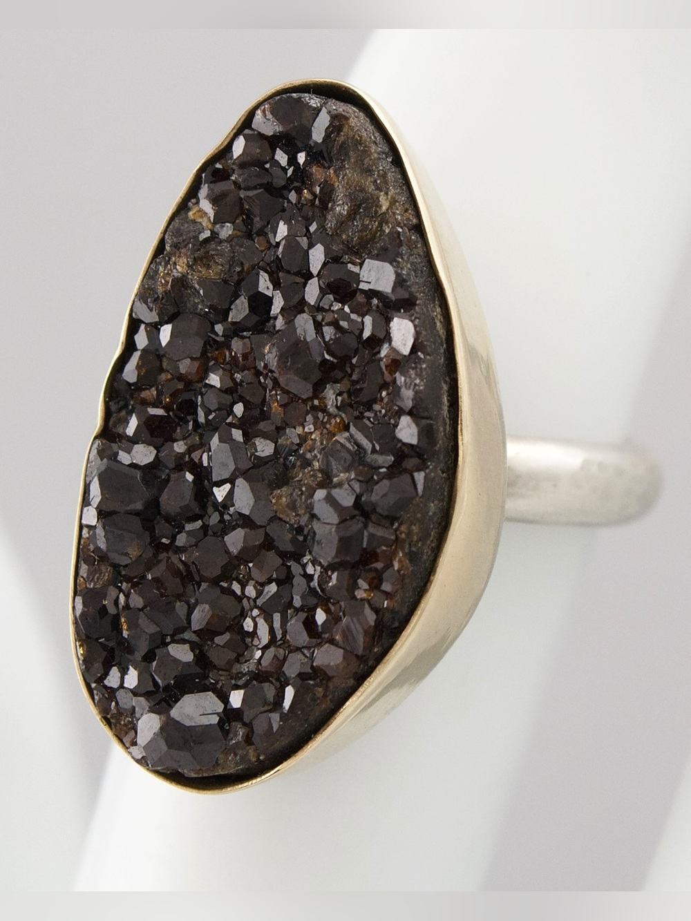 14K Gold and Sterling Silver Black Druzy Ring Size 6.5